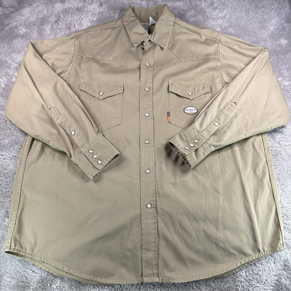 Rasco FR Mens 3XL Khaki Flame Resistant Western Pearl Snap Work Shirt FR750